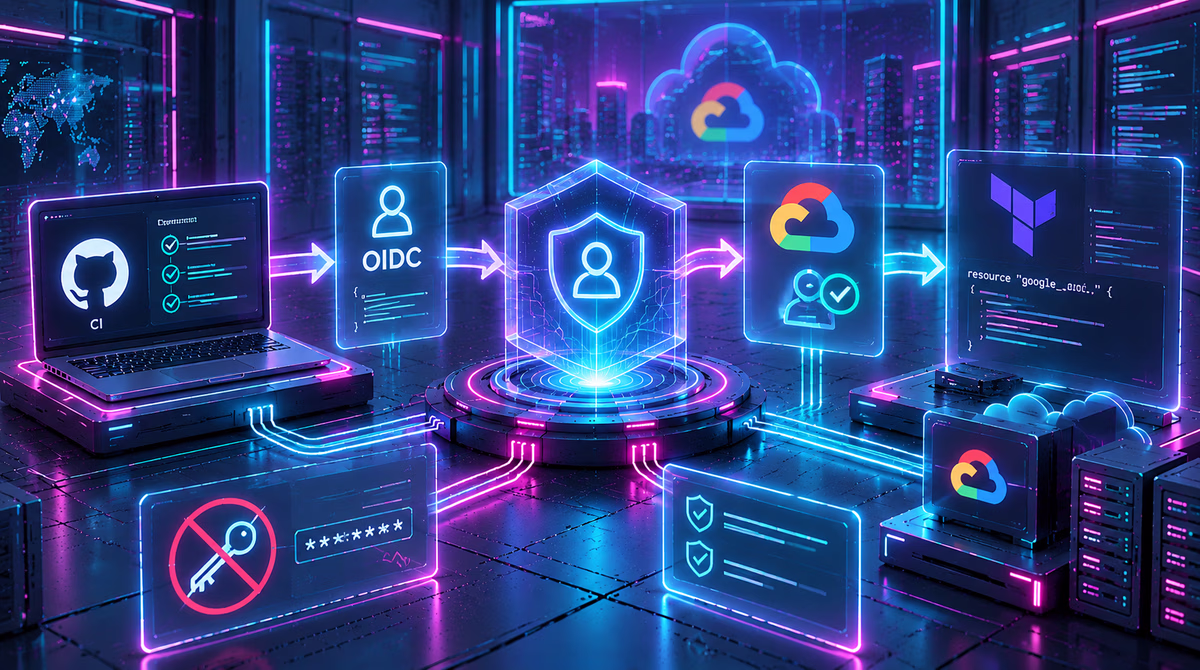 Diagram showing a CI pipeline exchanging an OIDC token for temporary Google Cloud credentials instead of a static key, with Terraform acting on the result