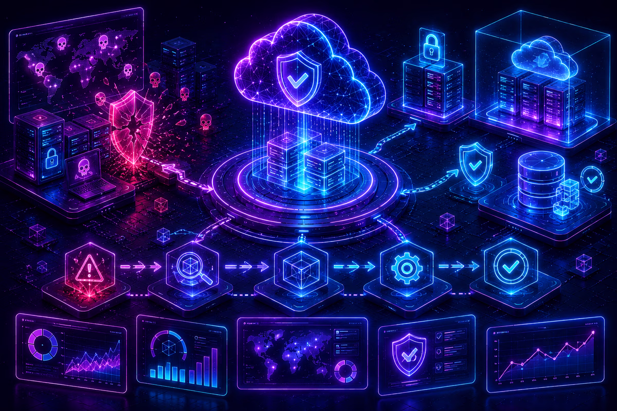 Digital illustration of cyberattack recovery showing a compromised network, a cloud security shield, and data recovery dashboards