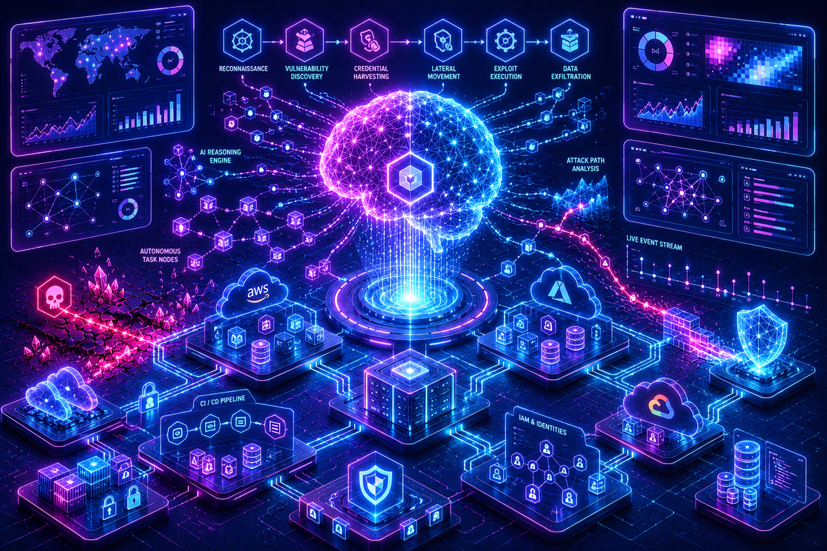 Illustration of an AI-driven cyberattack showing an autonomous reasoning engine directing reconnaissance, exploitation, and data exfiltration across cloud infrastructure
