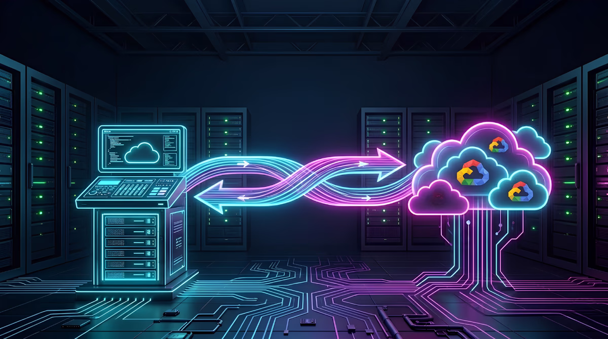 Illustration of hybrid cloud infrastructure showing data and workloads moving between on-premises systems and public cloud environments through connected networks.