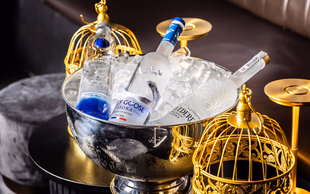 Close-up of iced vodka bottle and gold birdcage bucket showcase premium bottle service at Hustlers Sydney events.