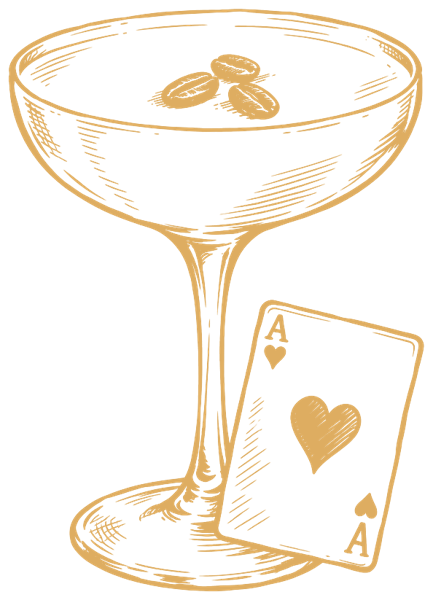 Illustration of a cocktail glass with three coffee beans inside and an Ace of Hearts playing card leaning against the stem at the base.