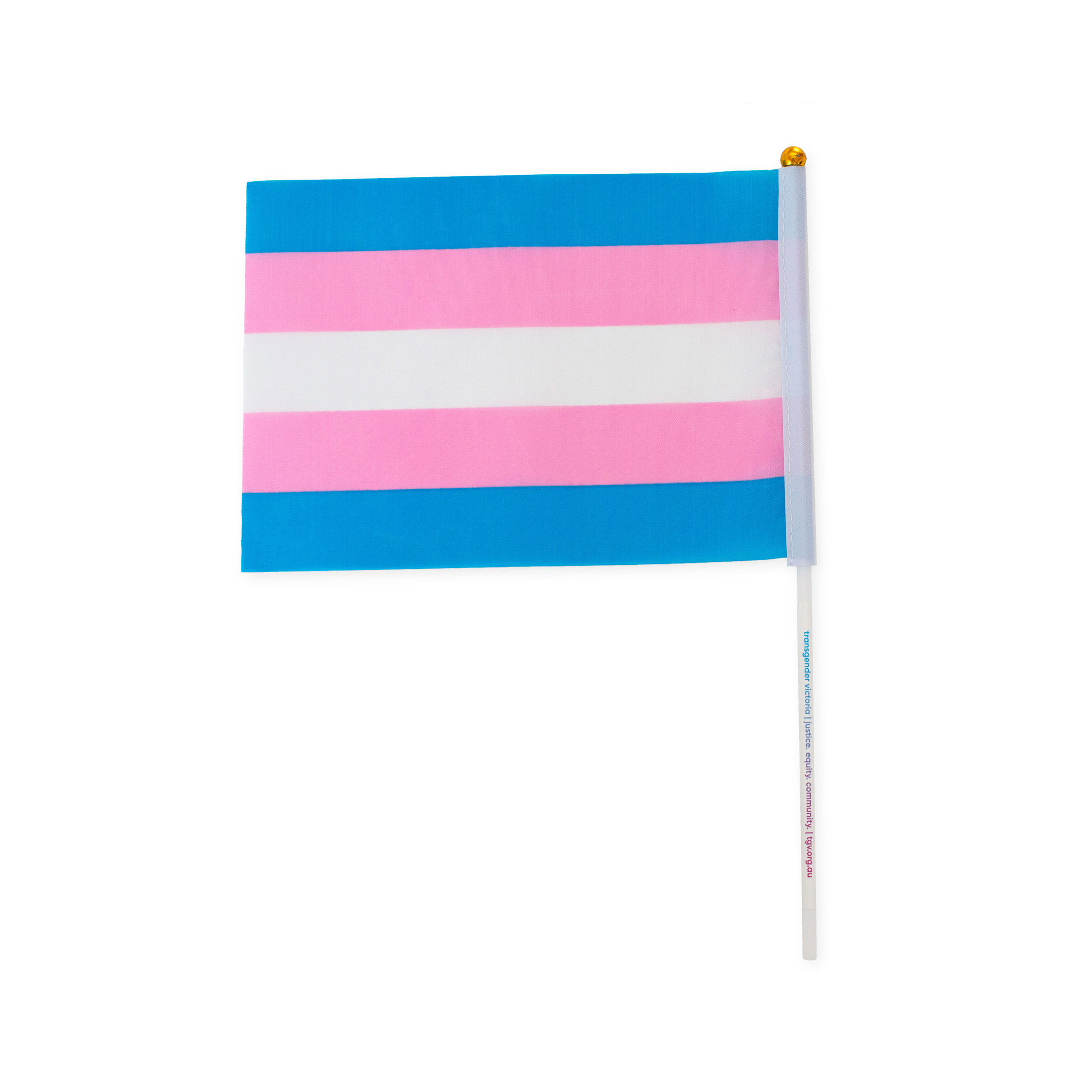 Handheld trans pride flag from the TGV store