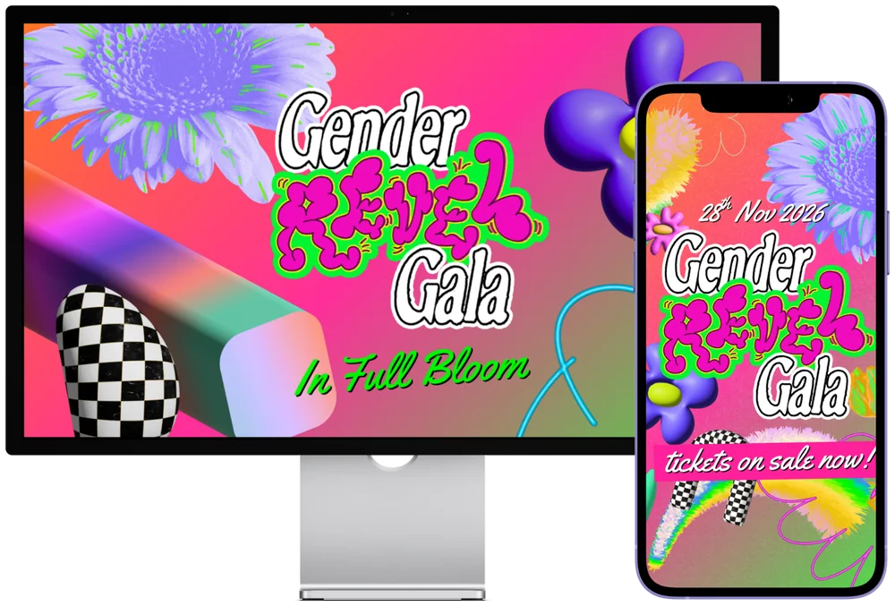 Laptop and phone mock-up of Gender Revel Gala In Full Bloom social media graphics