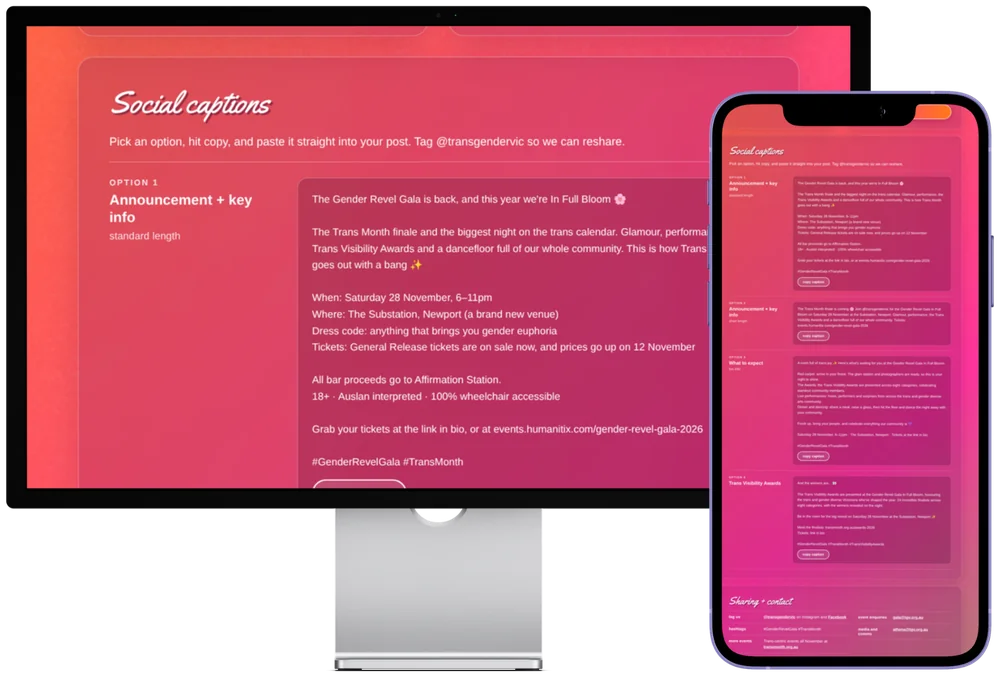 Laptop and phone mock-up of the Social captions section on the Gala media kit page