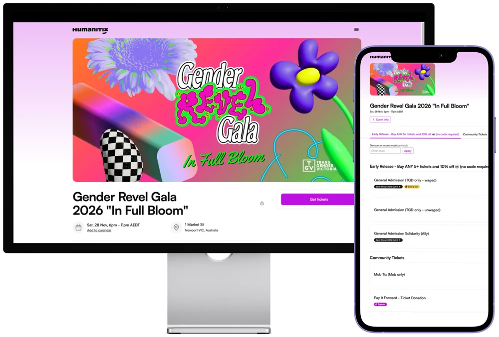Laptop and phone mock-up of the Gender Revel Gala 2026 event page on Humanitix