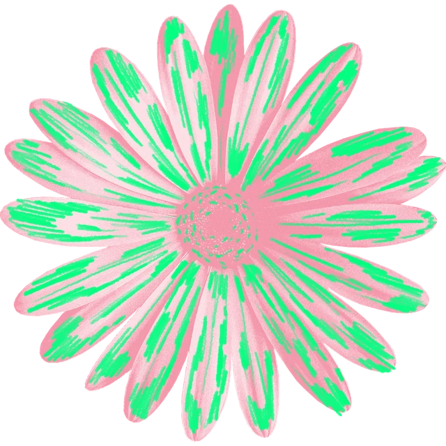 Pink daisy-like flower illustration with green streaks on each petal and a detailed center, isolated on a transparent background.