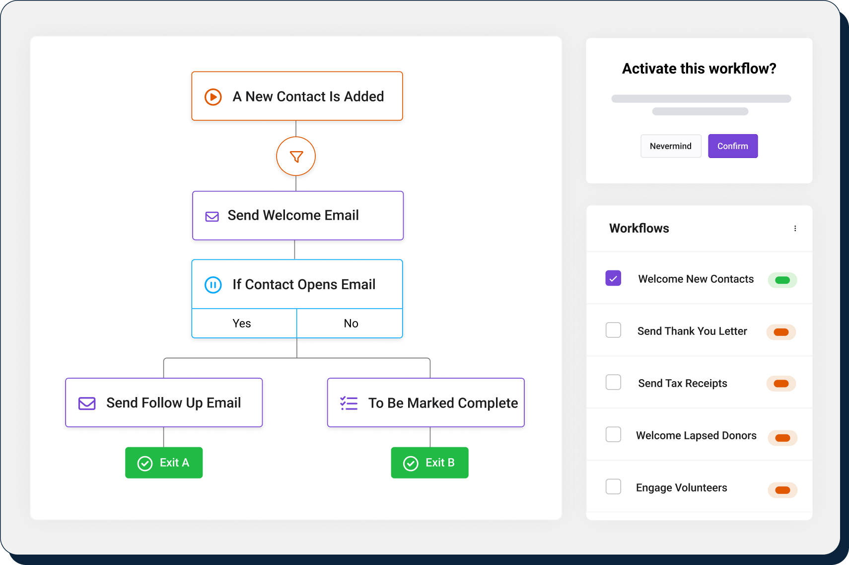 A Keela automation workflow showing steps for welcoming new contacts, including sending emails and decision paths.