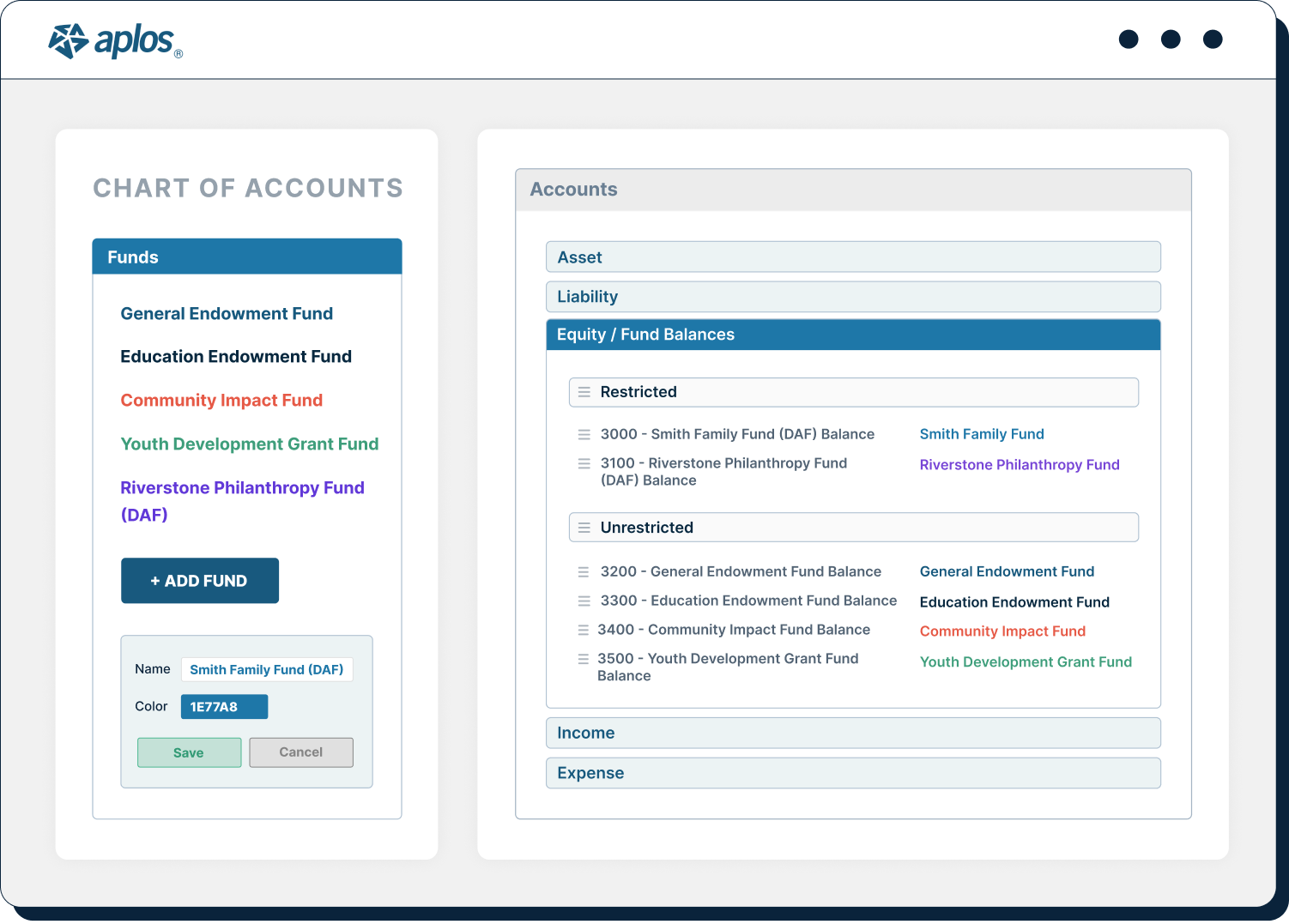 An Aplos chart of accounts screen