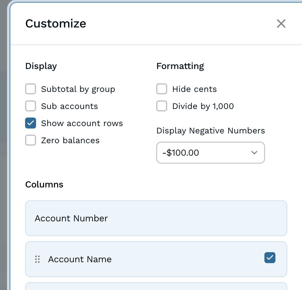 Customize panel on the Balance Sheet