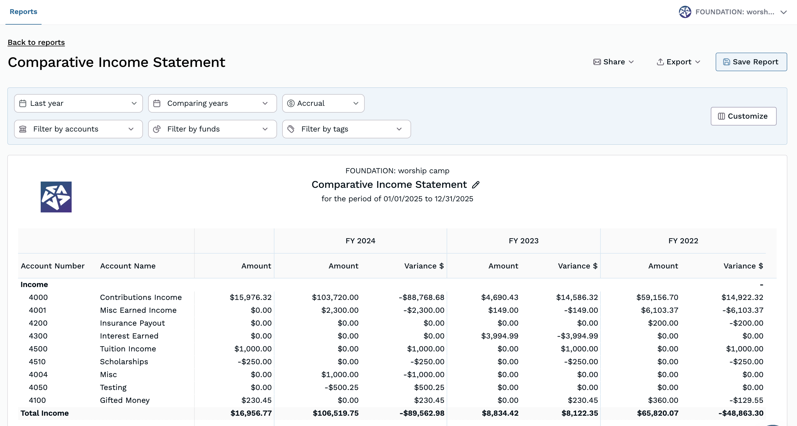 Comparative Income Statement Report in Aplos