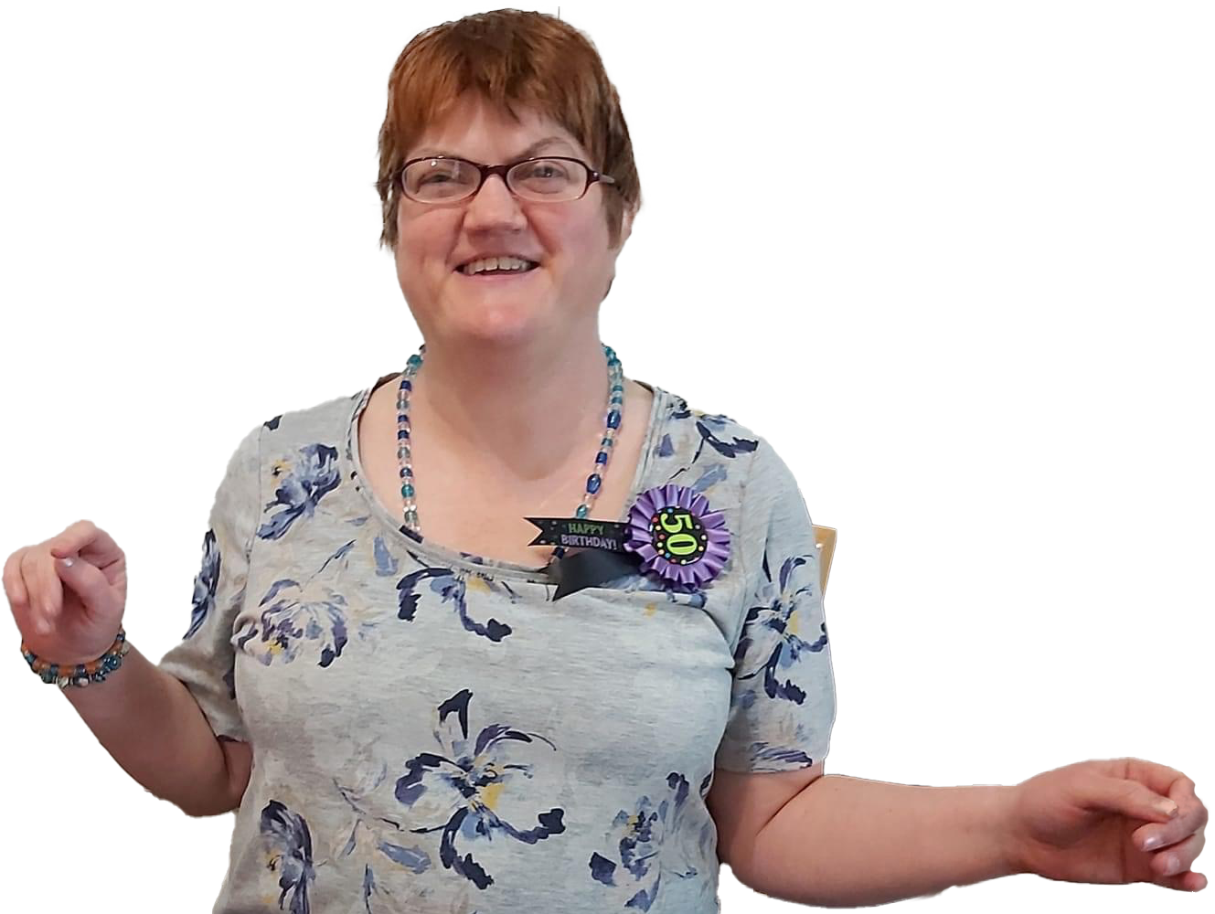 A woman with down syndrome holding up two hands each showing the peace sign.