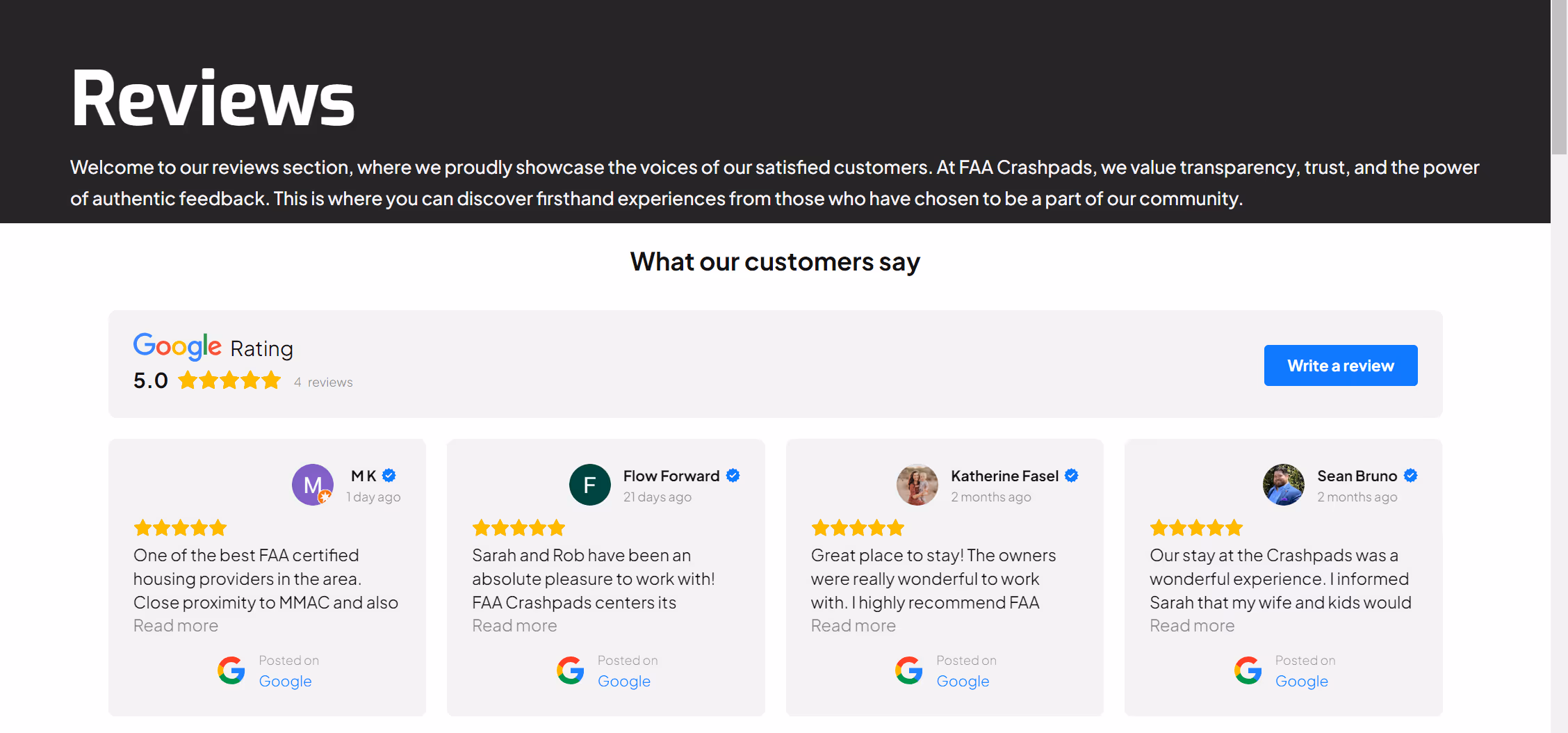 Picture of FAA Crashpads website made by Flow Forward Media. This is the Reviews Section.