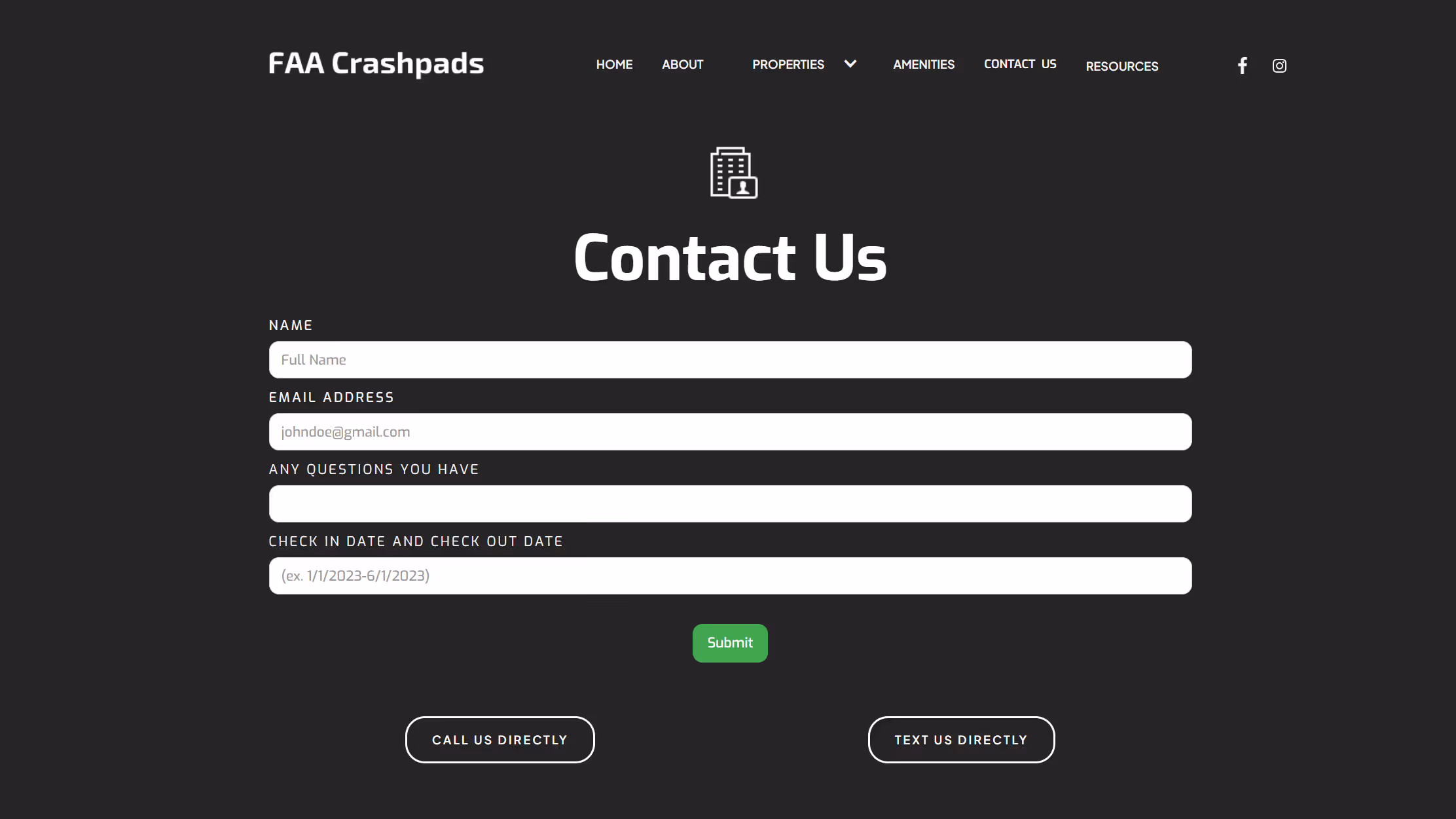 Picture of FAA Crashpads website made by Flow Forward Media. This is the "Contact Us" section.