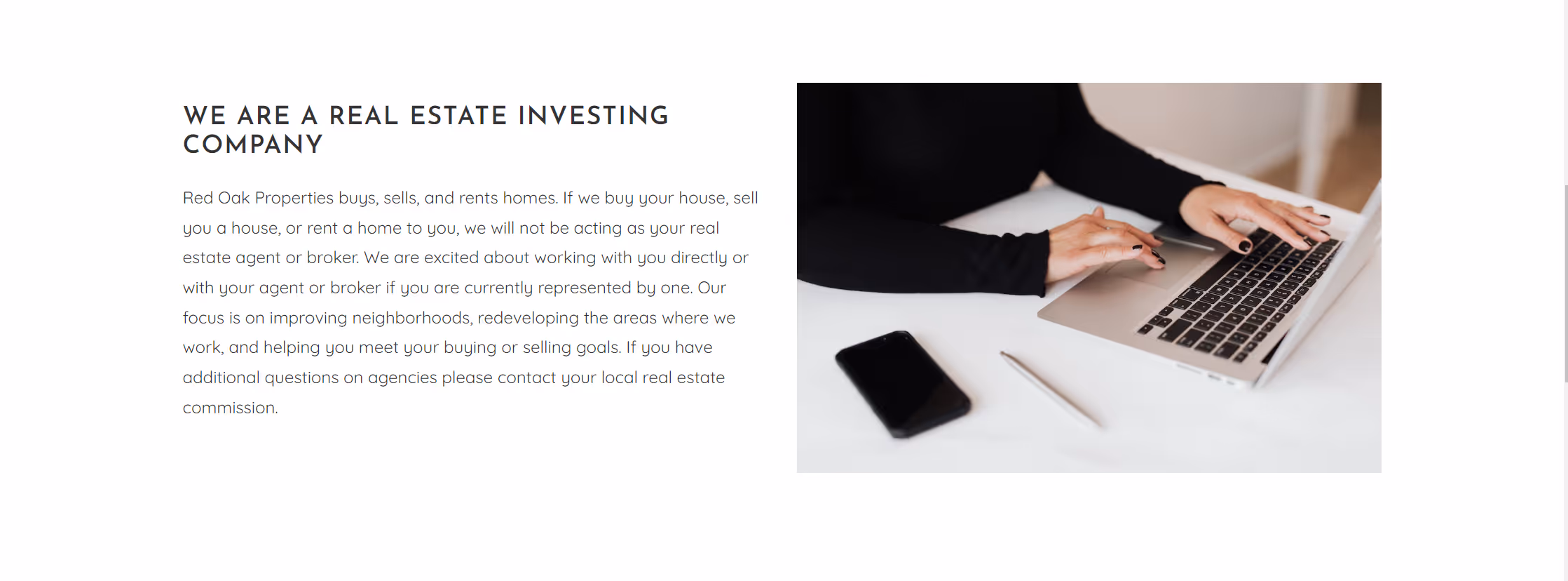 Screenshot of Red Oak Properties website about section