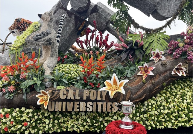 Cal Poly students’ Jungle Jumpstart Rose Parade float featuring a lush rainforest design