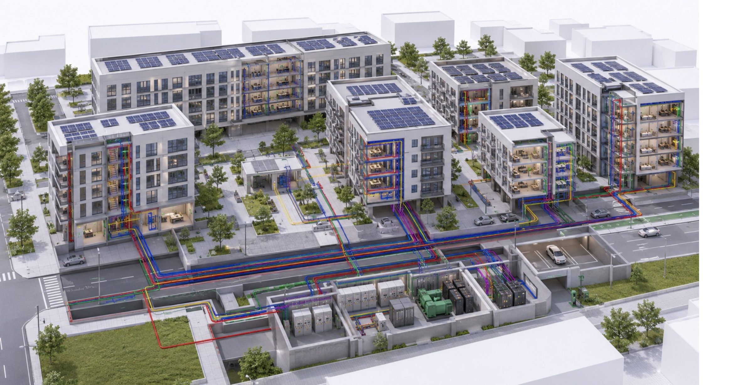 BIM-Modell eines Wohnquartiers mit Elektro- und TGA-Trassen