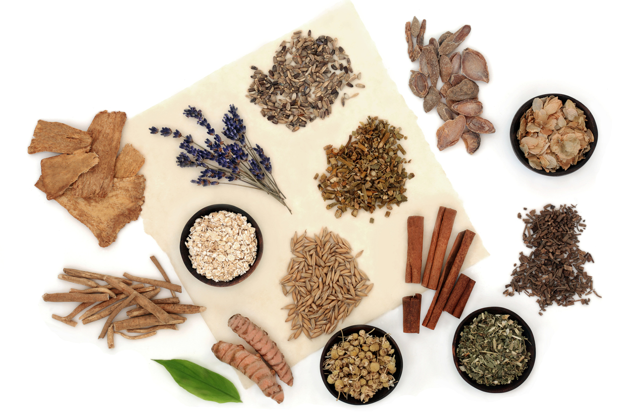 Adaptogen spices are laid out on a white background.