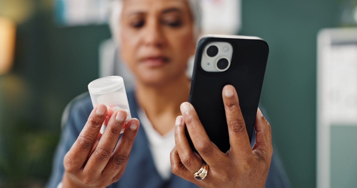 An elderly woman requests a prescription renewal online using Nimble.