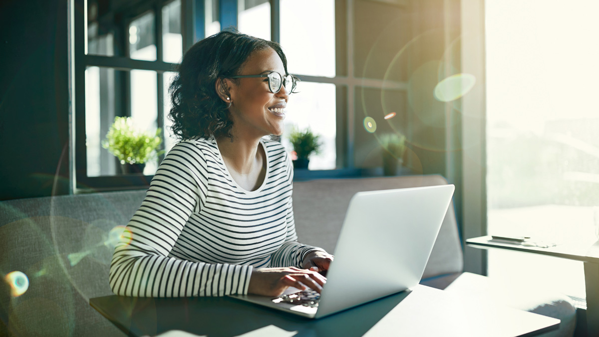 The Nimble and DoubleVerify logos are superimposed over a pharma marketer on her laptop.
