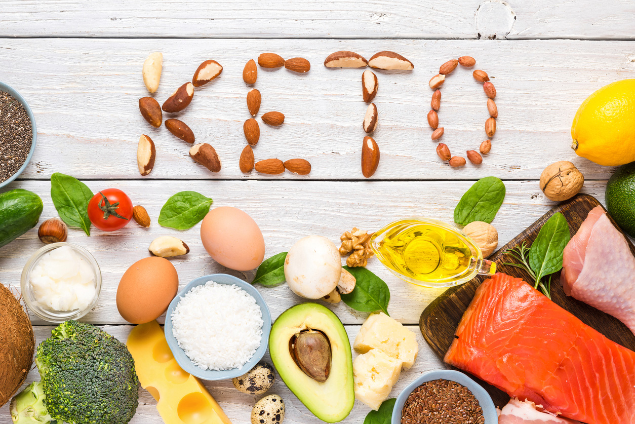 The word keto is spelled out and is surrounded by food.
