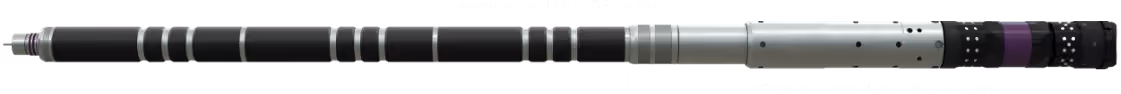 Side view of FracSure Max integrated tool, including a frac plug, setting tool, and perforating gun.