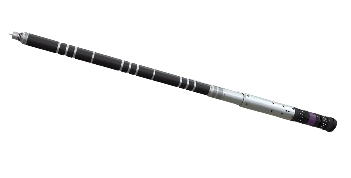 Angle view of FracSure Max integrated tool, including frac plug, setting tool, and perforating gun