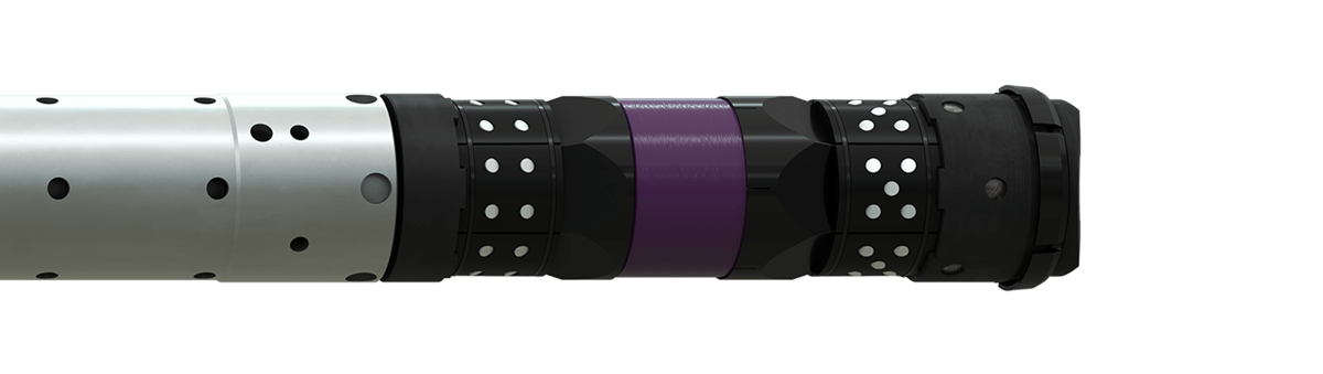 Side view of a PurpleSeal composite frac plug attached to a PurpleSet setting tool
