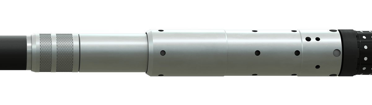 Up-close side view of a PurpleSet setting tool attached to a FracSure Max