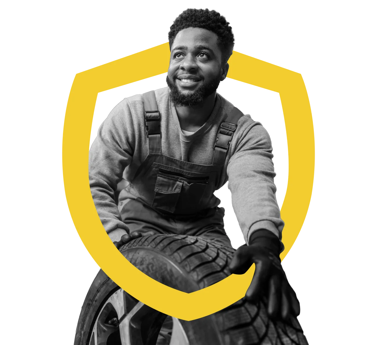 Smiling GreatWater technician holding a tire, framed by the GreatWater shield