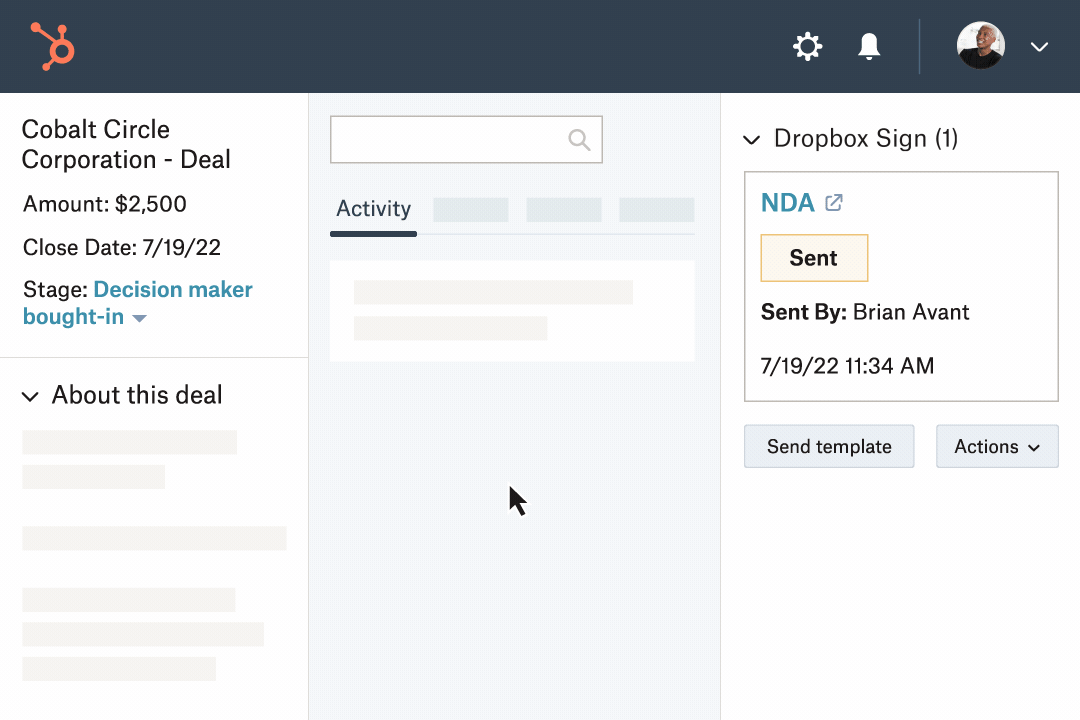 A user selecting “create deal template” under the “Actions” dropdown menu on a HubSpot contact page