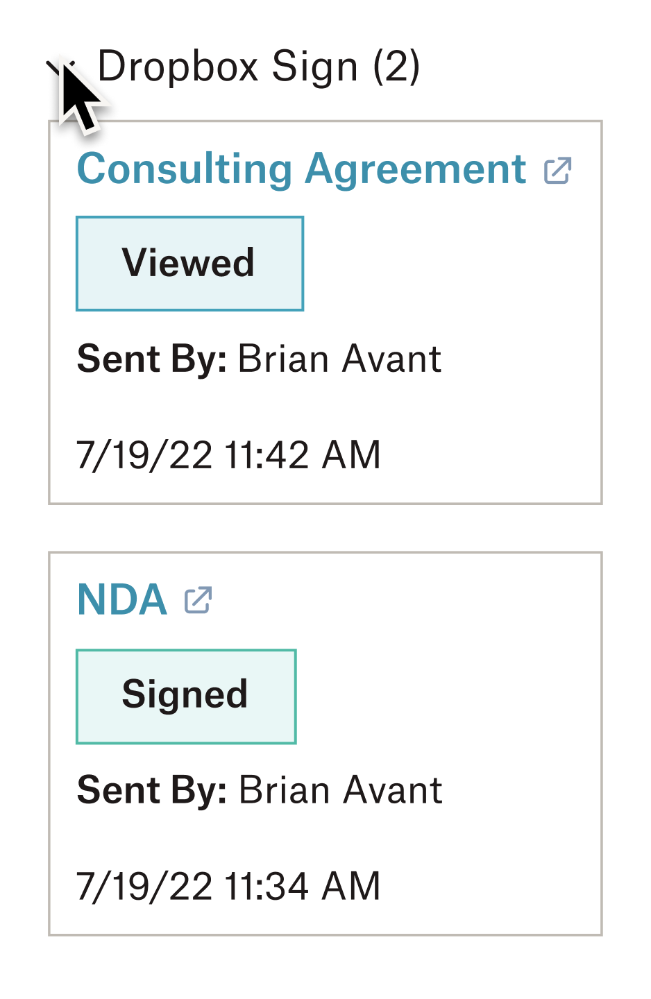 Computer interface displaying Dropbox Sign with two documents, one viewed and one signed.