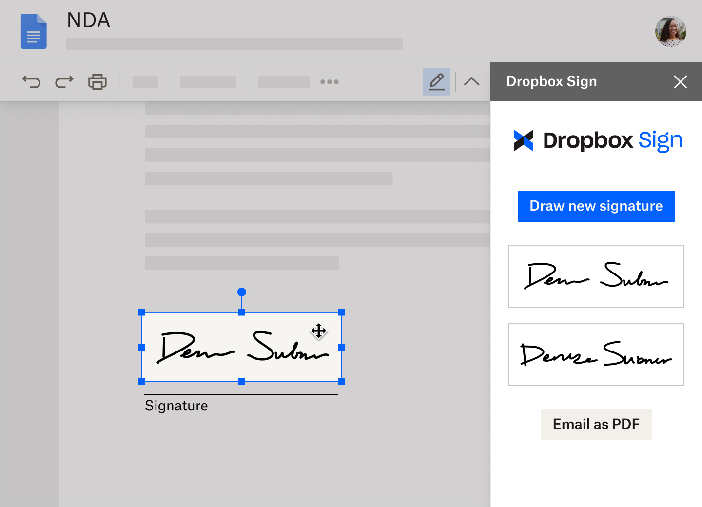 Bilde som viser Dropbox Sign i bruk med Google Dokumenter.