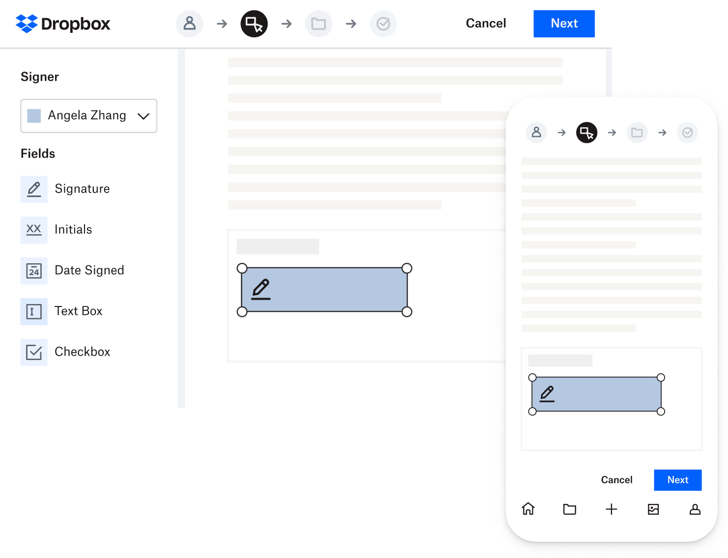 Highlighted form fill boxes in a contract that indicate where a signature should be added, as seen on a desktop and a mobile phone