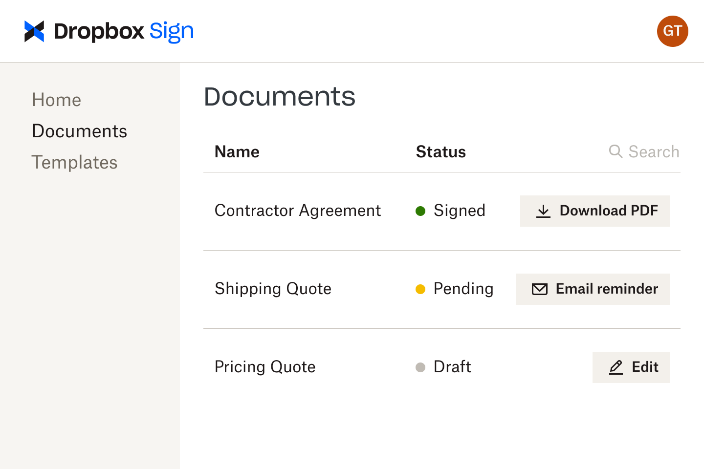 Image of the documents page where templates, drafts and completed docs can be stored.