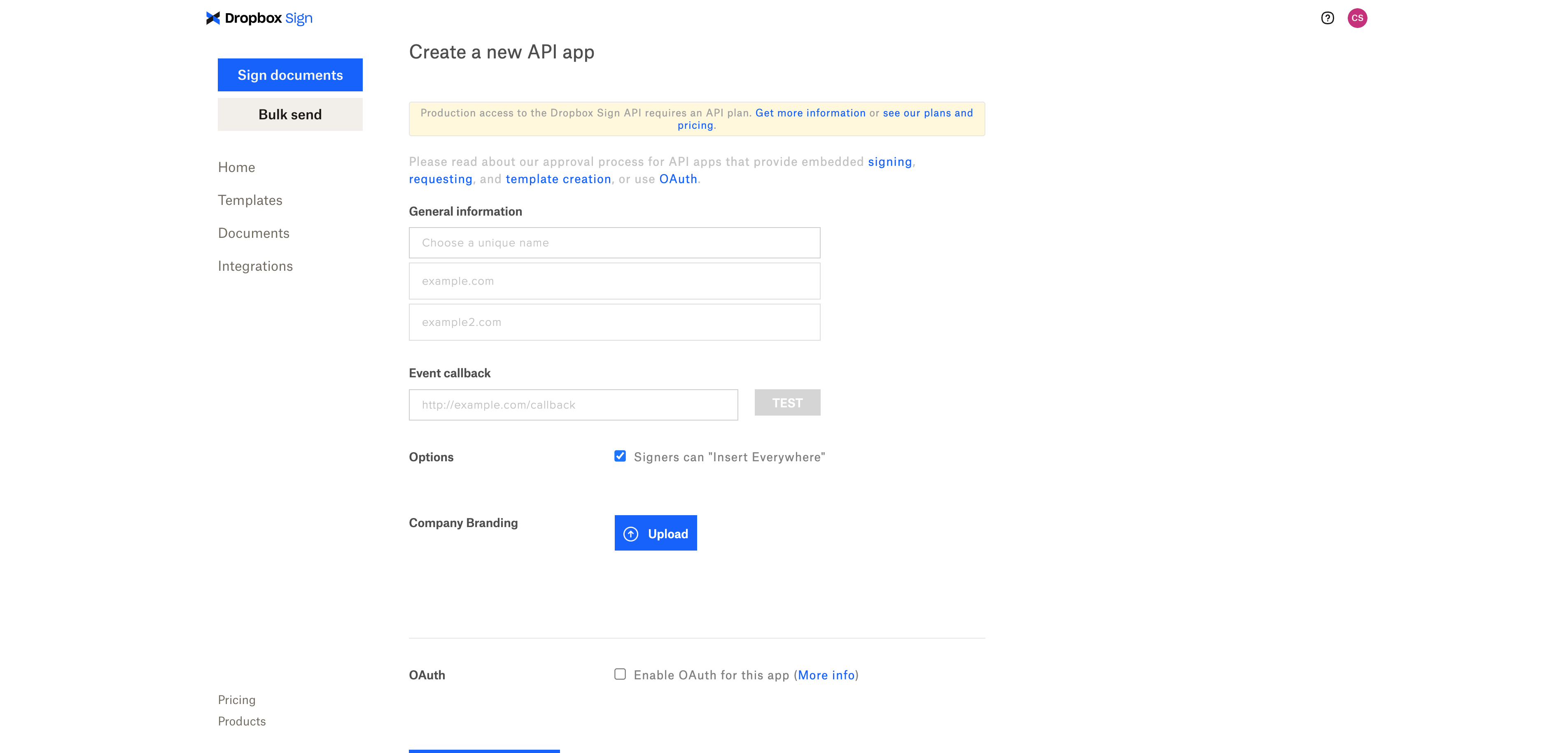 a screenshot of the Dropbox Sign API application creation screen