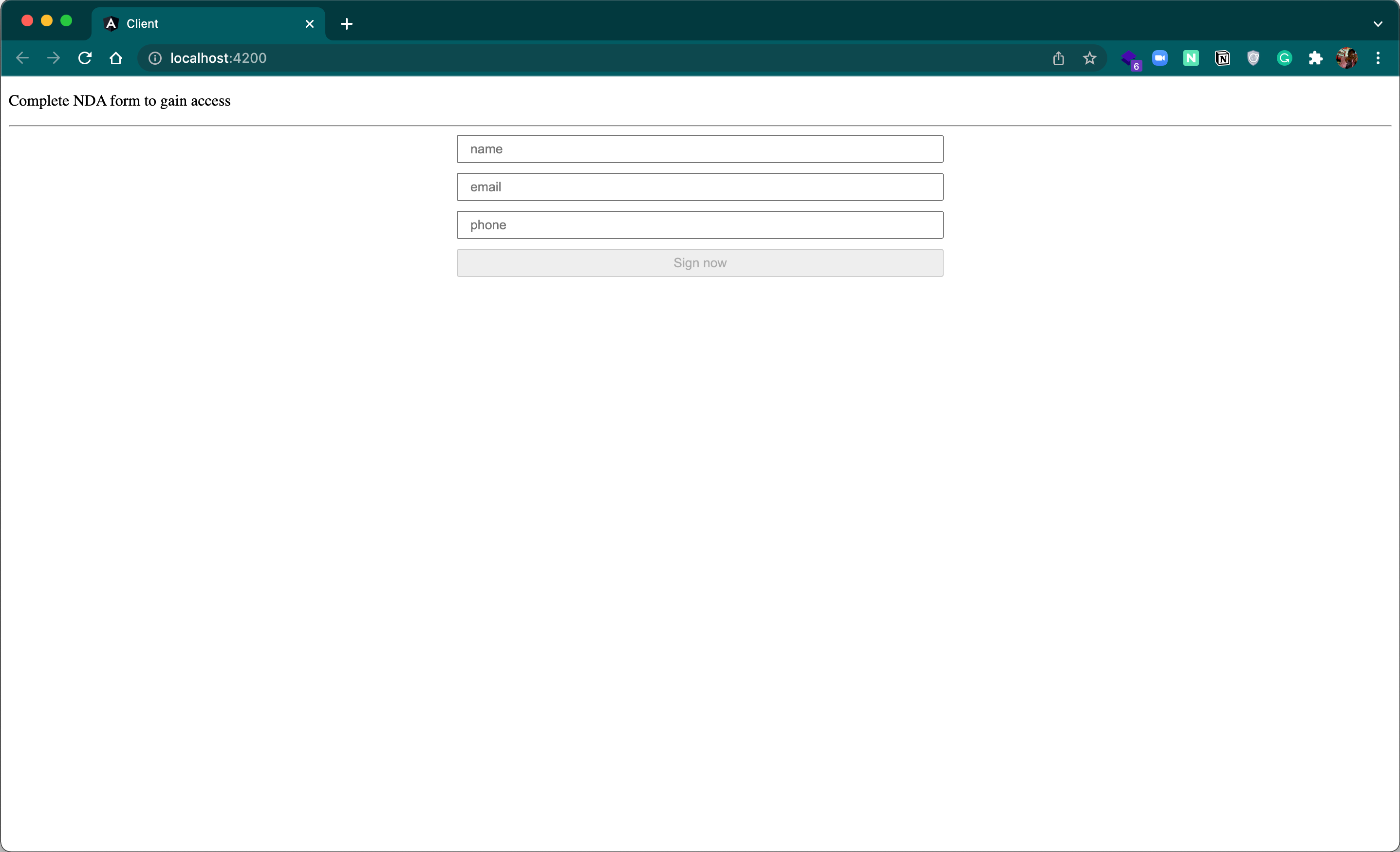 screenshot of a client application loading an NDA form