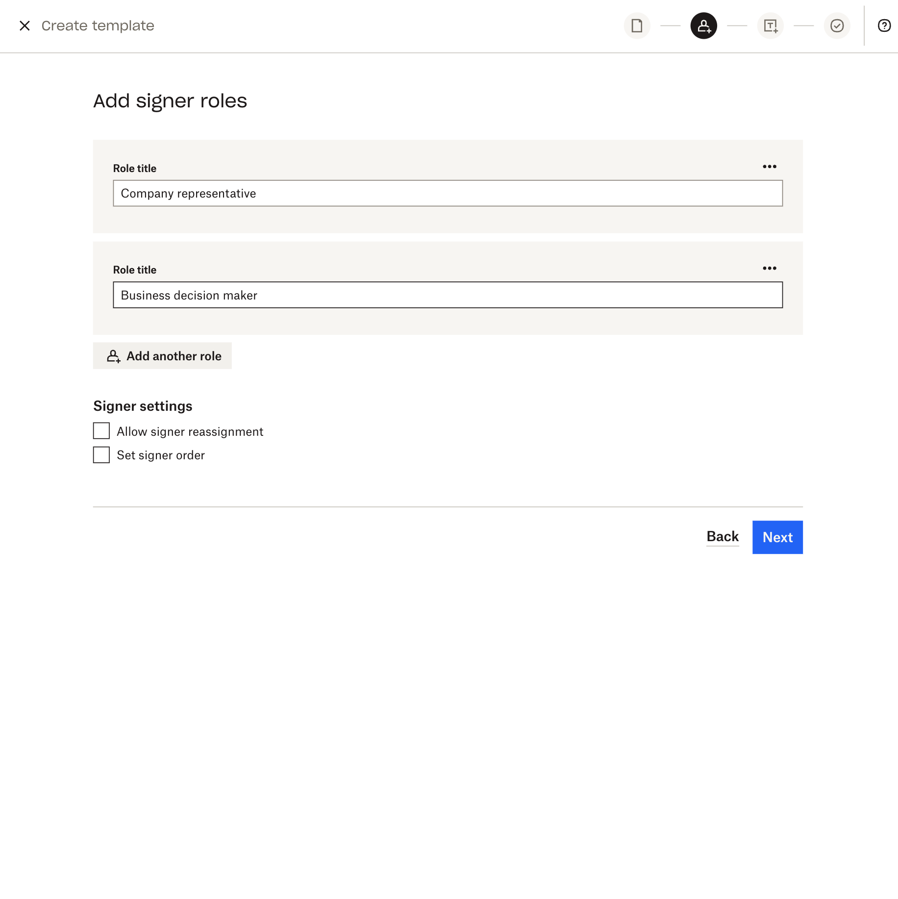 Screenshot of the Dropbox Sign UI that says "who needs to sign" and shows signer roles fields