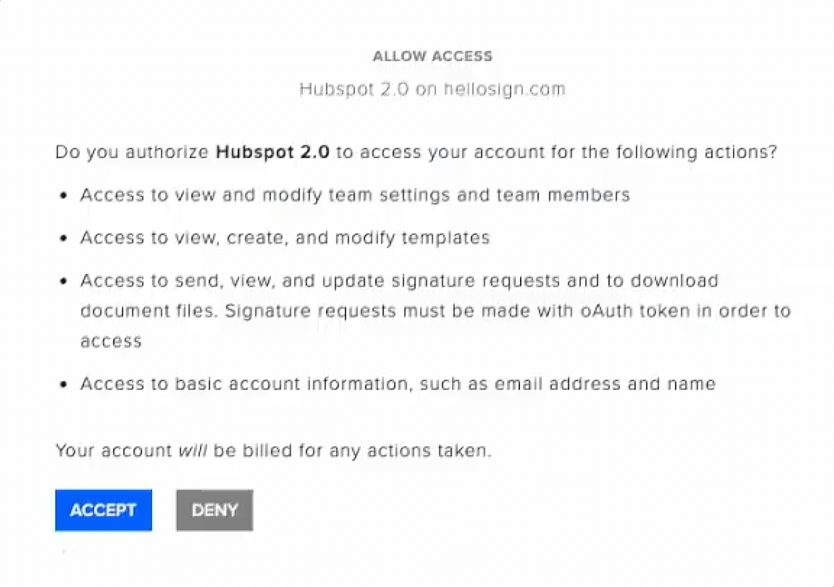 Pagina di autorizzazione sul marketplace dell'app di hubspot. Qui si delinea il significato di autorizzazione e si richiede di consentire o negare l'autorizzazione.