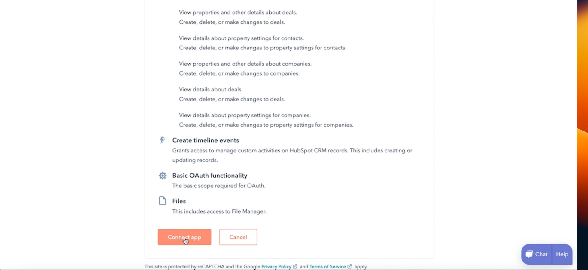 Computer screen showing HubSpot access permissions for integration with other applications.