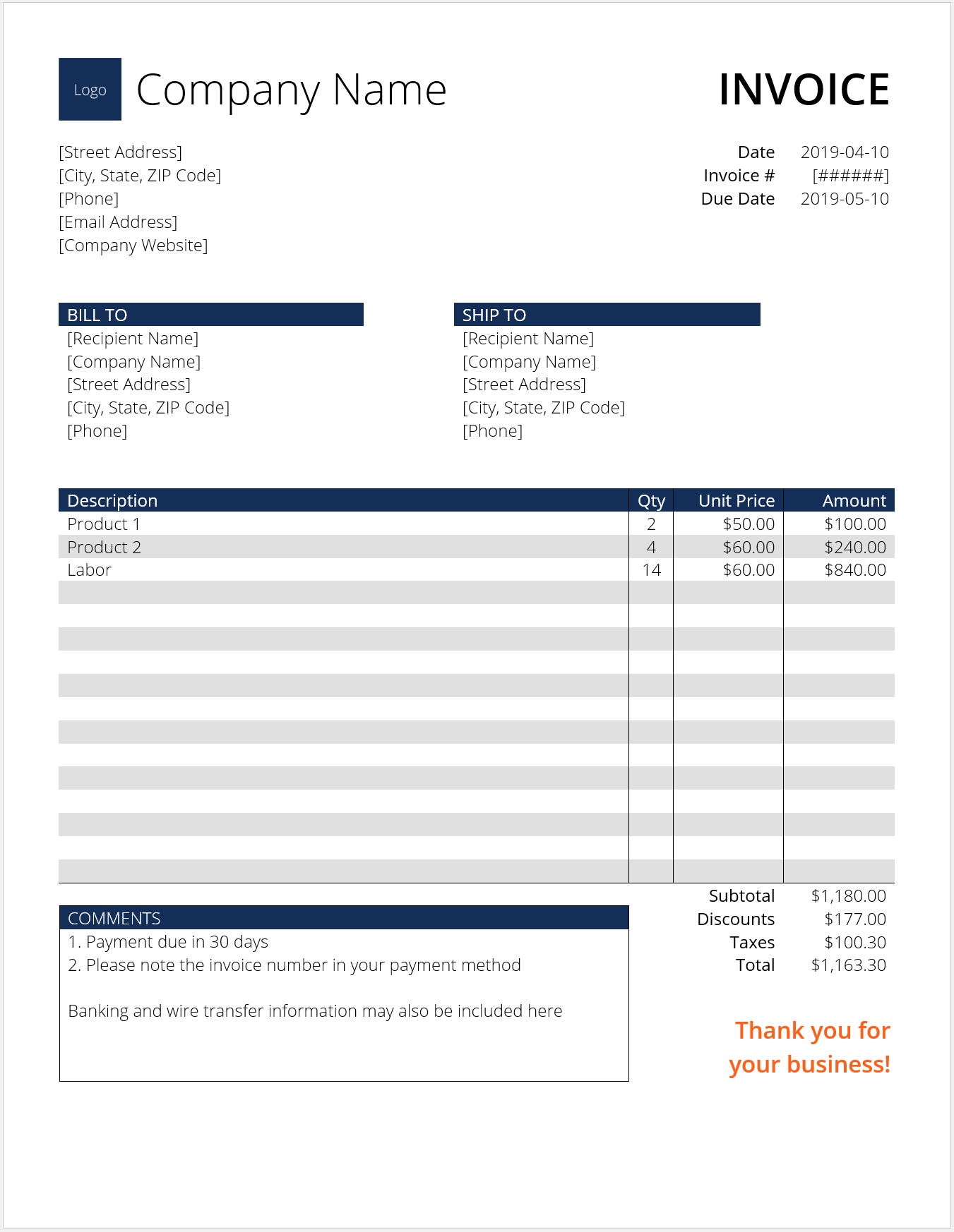 an image of an invoice template. The template outlines the necessary sections listed in the requirements above outlining how to write an invoice and what to include