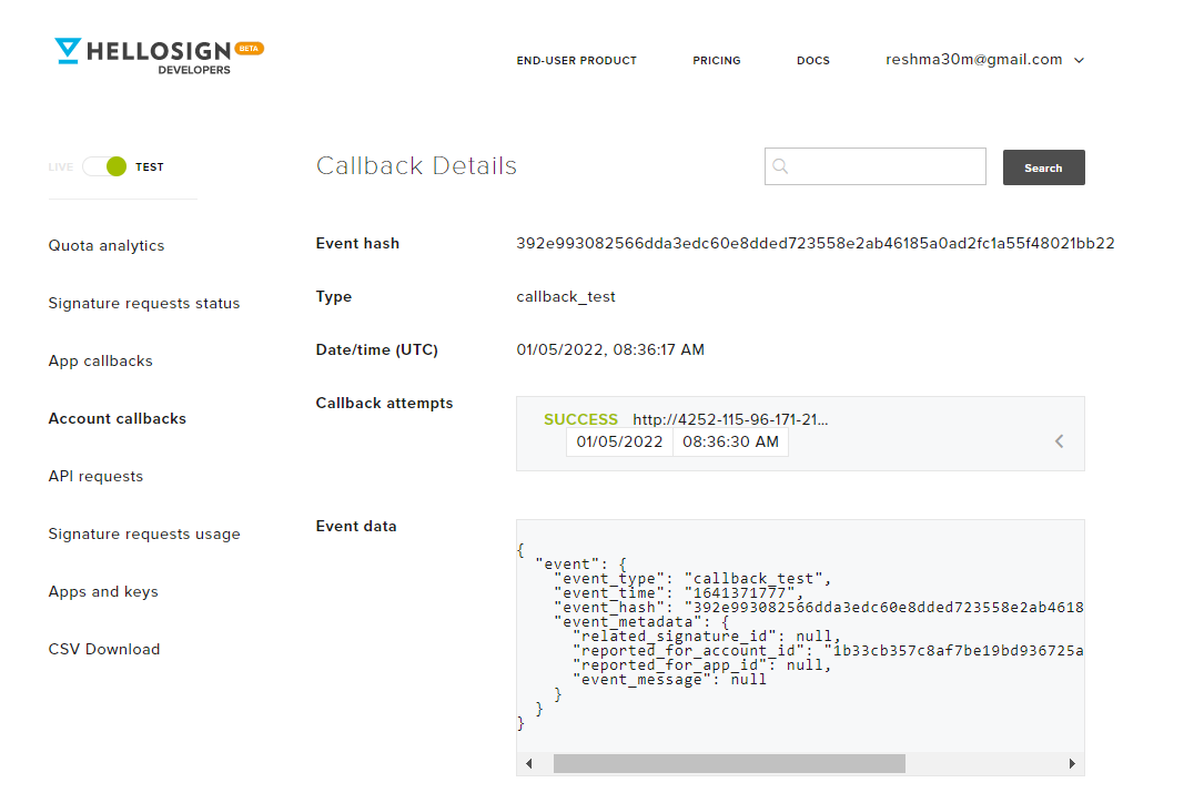 a screenshot with the details of an event payload being viewed in the API dashboard of hellosign