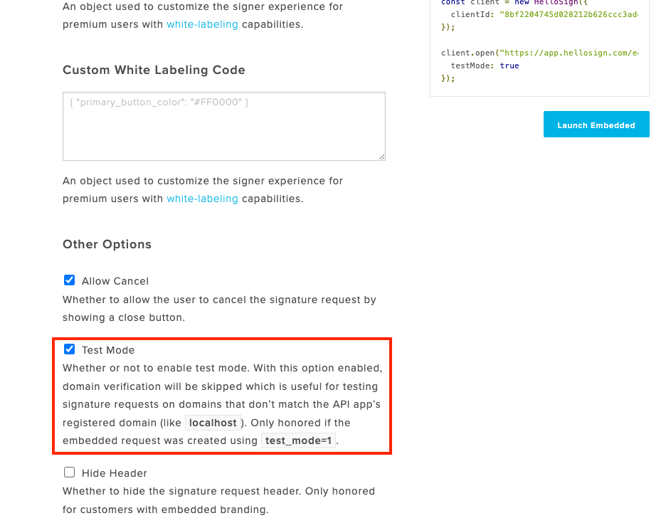 a screenshot showing the test mode toggle in the advanced settings of the embedded testing tool CS ​​