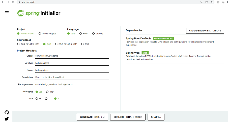 Spring Boot starter page at start.spring.io with project metadata added for this demo and two dependencies added.