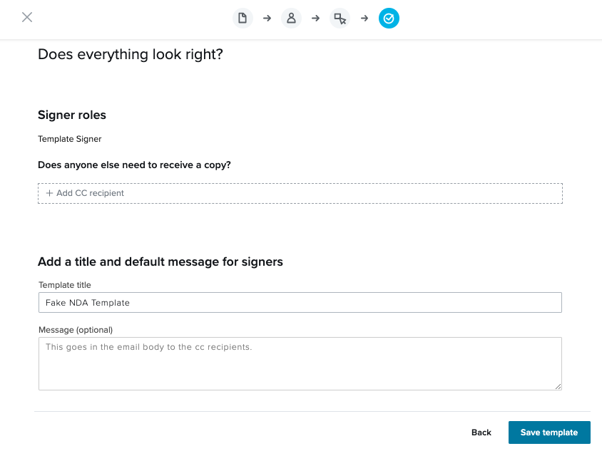 the last page of setting up a template with fields for adding cc recipients, a template title, and message to the email.