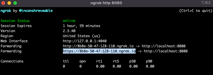 ngrok running in shell with the text highlighted for the https url so it can be copied