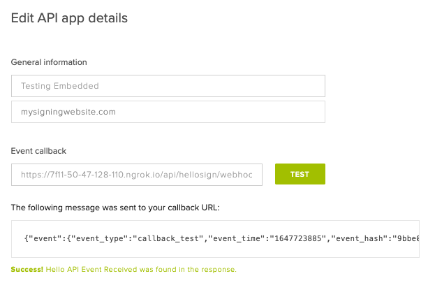 screenshot of an Api App settings page with a success message after testing the callback url. CS ​​