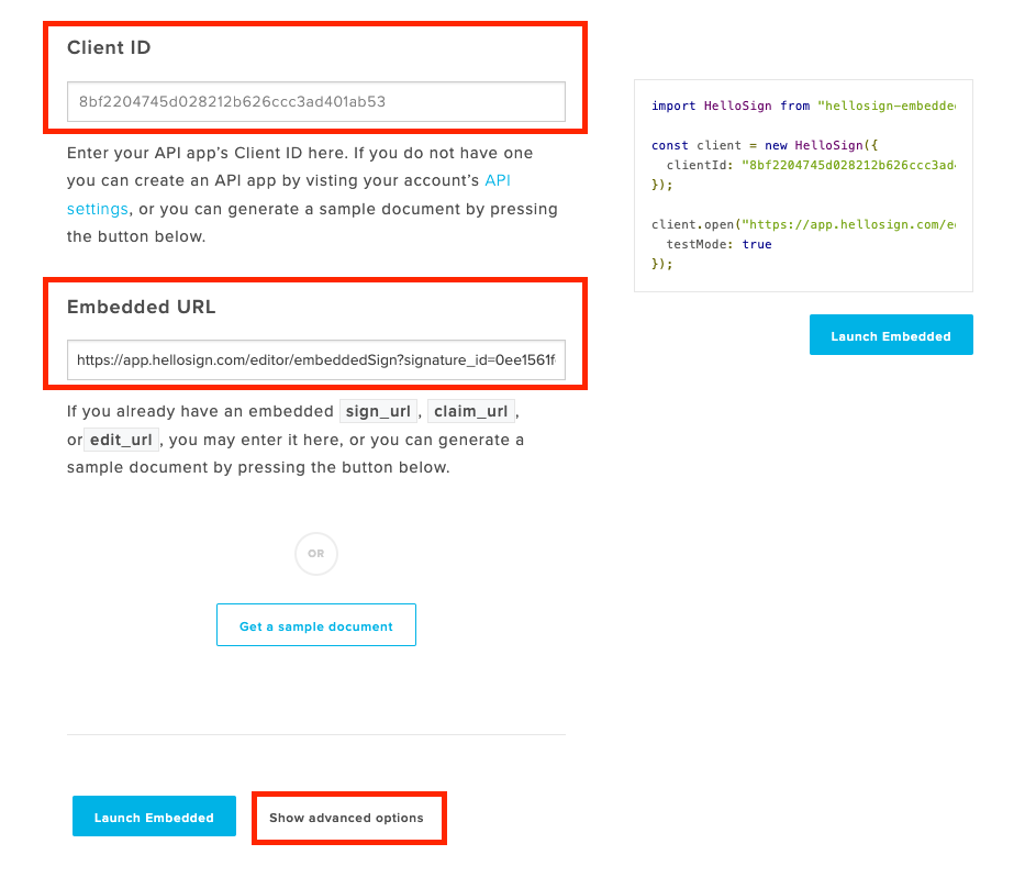 Screenshot of HelloSign’s embedded testing tool with red boxes around the Client ID field, Embedded URL field, and the button to Show advanced options. The fields contain information from the earlier steps. CS ​​