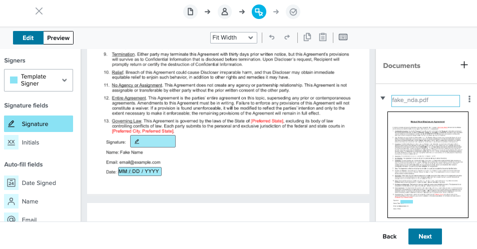 the third page for creating a template with signing fields for the Template Signer role placed on the sample document.