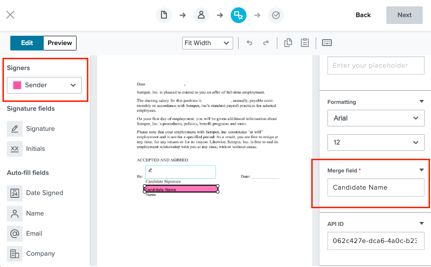 Setting a "Merge field" as a "Sender" to pre-fill data during signing